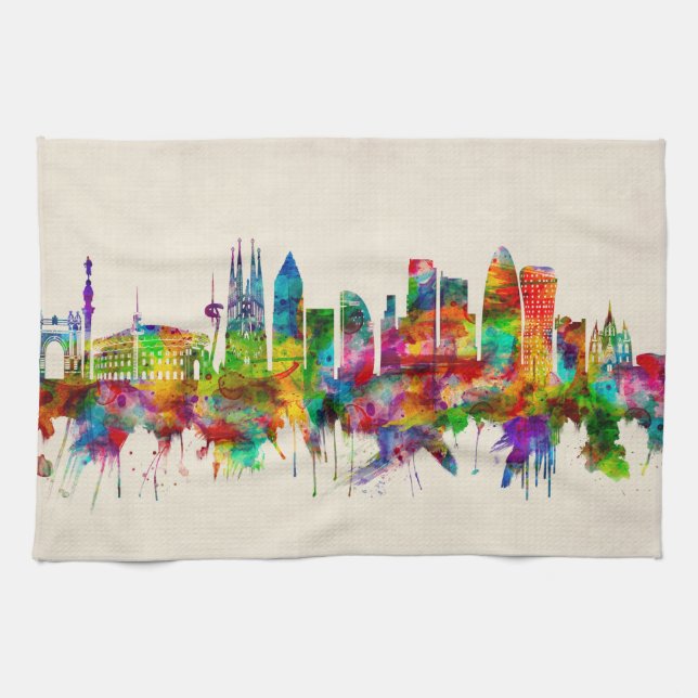 Barcelona Spanien Skyline Geschirrtuch (Horizontal)