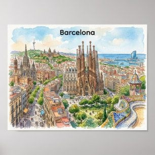 Barcelona Spanien Stadtlandschaft Aquarell-Illustr Poster