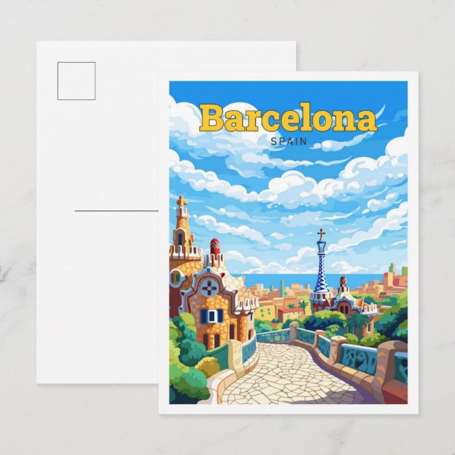Barcelona Spanien Vintage Illustration Postkarte (Vorne/Hinten)
