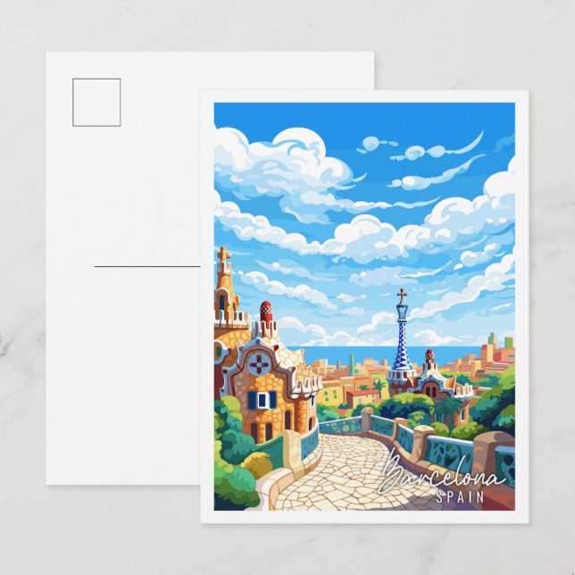 Barcelona Spanien Vintage Reise Illustration Postkarte (Vorne/Hinten)