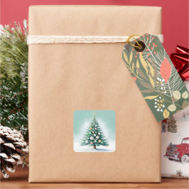 Bare Green Pine Tree | Silver Green Orange Quadratischer Aufkleber