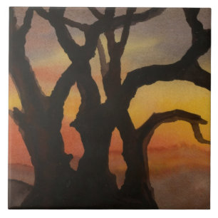 Bare Winterbaum mit spätem Sonnenuntergang am Aben Fliese