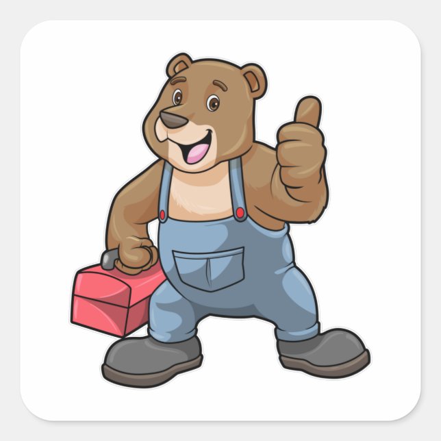 Bären als Handwerker mit Werkzeugkasten Quadratischer Aufkleber (Vorderseite)