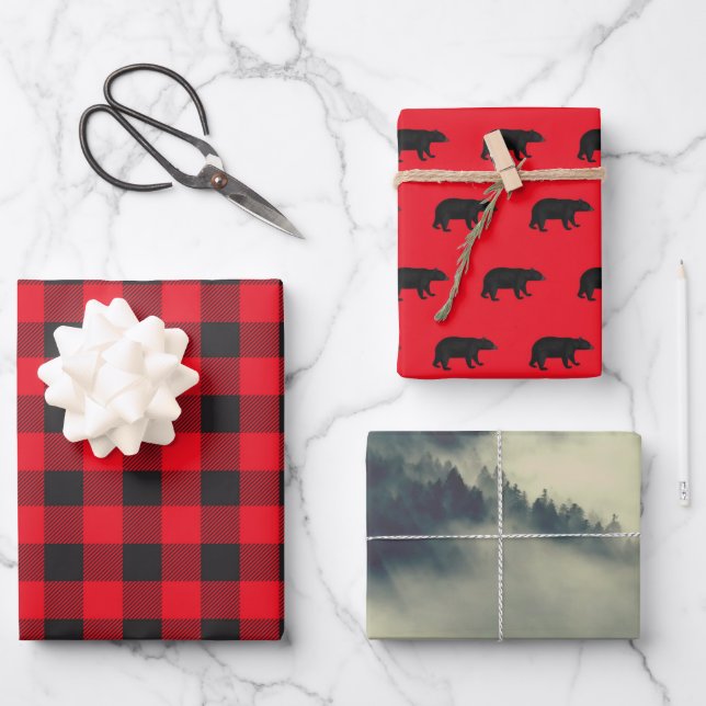 Bären, Berge, Schwarz und Rot-Lumberjack-Set Geschenkpapier Set (Vorderseite)
