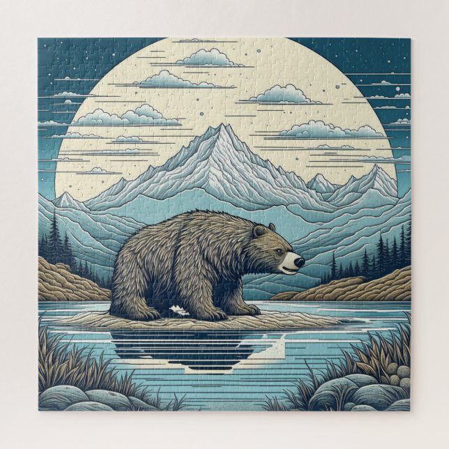 Bären, Berge, See, Vollmond Kunst (Vertikal)