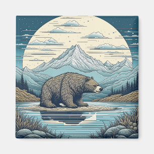 Bären, Berge, See, Vollmond Kunst Magnet
