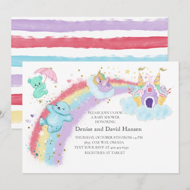 Bären, Einhorn und Rainbow Baby Shooter Einladung (Vorne/Hinten)