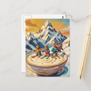 Bären fahren Ski zu einer Schüssel Haferbrei  Postkarte