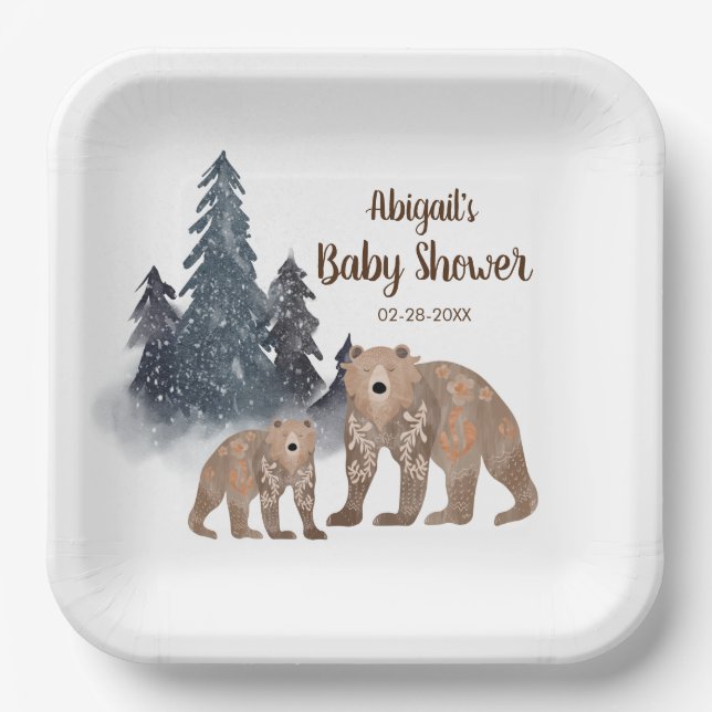 Bären im Winter Forest Scandi Neutral Baby Dusche Pappteller (Vorderseite)