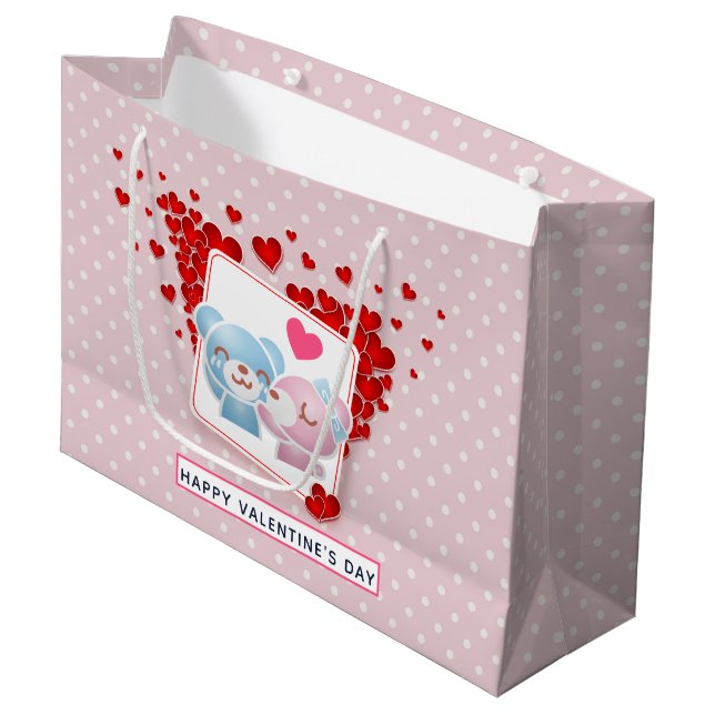 Bären mit dem Herzen küssen auf einem Polka Dot Mu Große Geschenktüte (Vorderseite Schrägansicht)