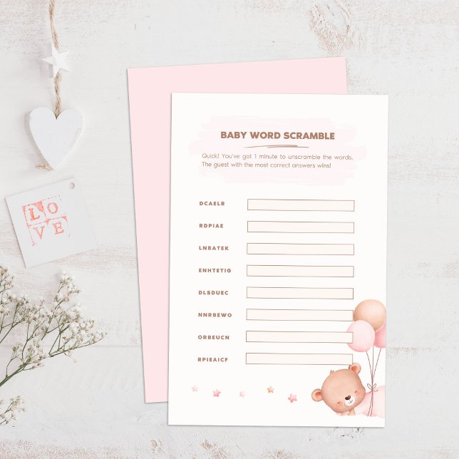 Bären & Pink Balloons Kinderdusche Word Scramble (Bear & Pink Balloons Baby Shower Word Scramble on a boho wooden table.)