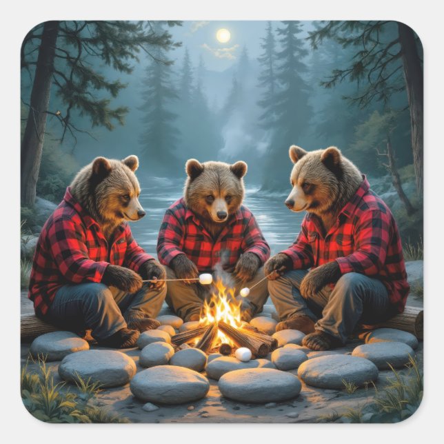 Bären Roastmarshmallows über einem Lagerfeuer Quadratischer Aufkleber (Vorderseite)