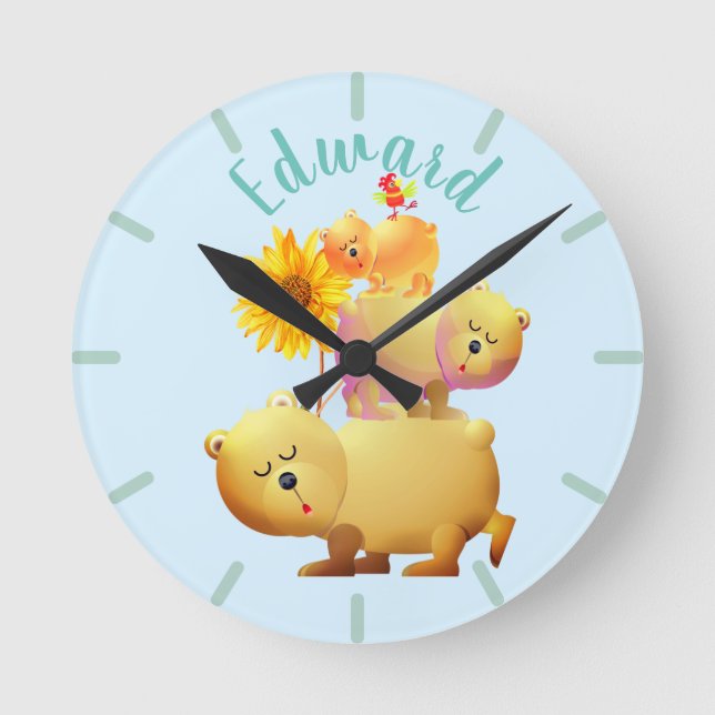 Bären, Roster und Sonnenblumenturm Runde Wanduhr (Vorderseite)