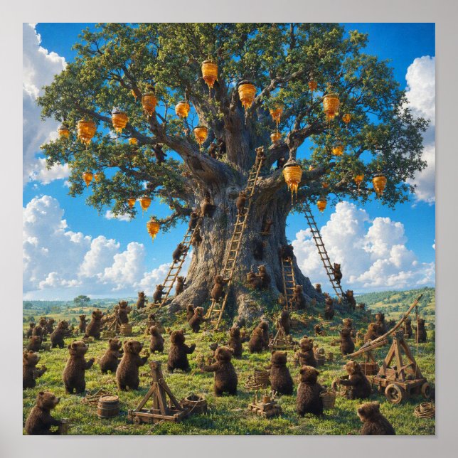Bären sammeln Honig vom Baum Poster (Vorne)
