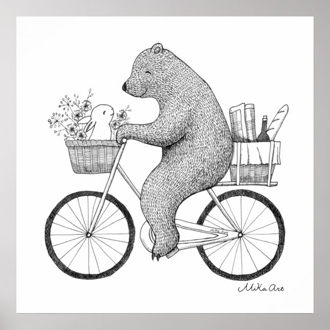 Bären und Bunny auf dem Weg zu einem Picknick mono Poster (Vorne)