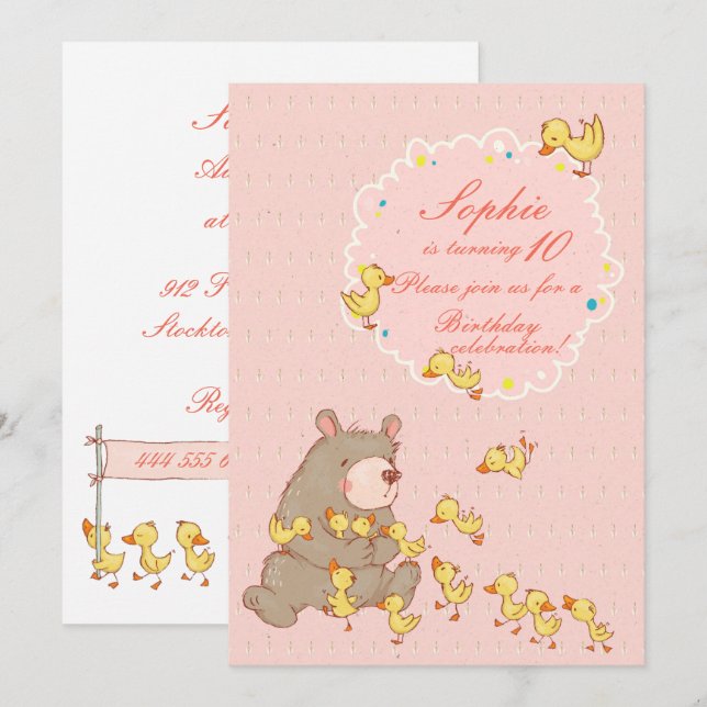 Bären und Ducklings Kinder Geburtstag Einladung (Vorne/Hinten)