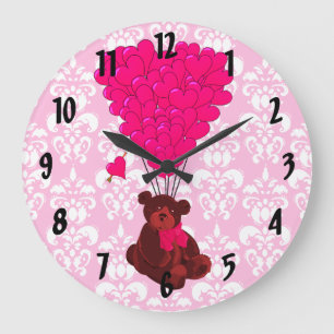 Bären- und Herzballons auf rosa Damast Große Wanduhr