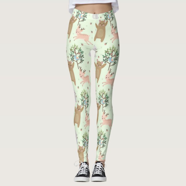 Bären- und Hirschwaldmuster Leggings (Vorderseite)