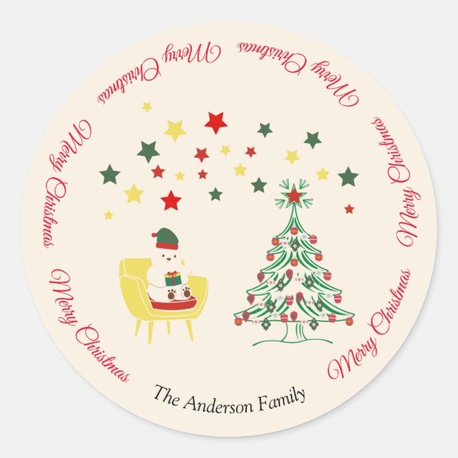 Bärenbaum Familienfarben Moderne frohe Weihnachten Runder Aufkleber (Vorderseite)