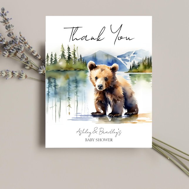 Bärenbecher Abenteuer erwartet Baby-Dusche danke (Adventure awaits bear cub baby shower thank you card watercolor cute baby bear Alaska wilderness )