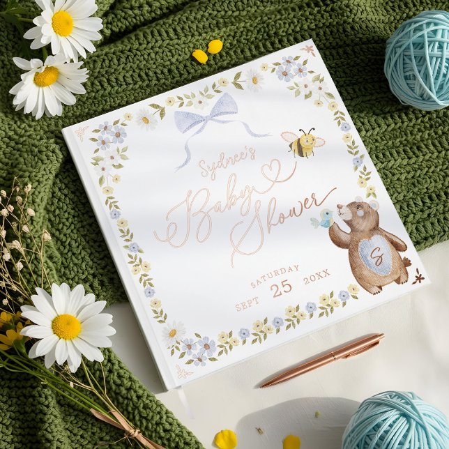 Bärenbrauendusche Gästebuch (Knitted Woodland Bear Floral Blue Bow Baby Shower Foil Guest Book)