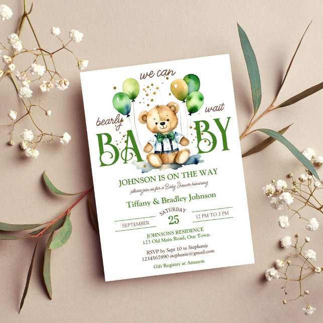 Bärenbraun-Babydusche Einladung (Bearly wait green and brown teddy bear baby shower template invitation instant digital download )
