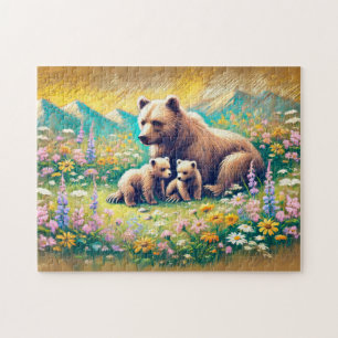 Bärenfamilie in Mountain Meadow Pastel Chalk Drawi