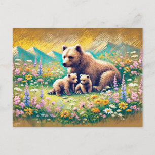 Bärenfamilie in Mountain Meadow Pastel Chalk Drawi Postkarte