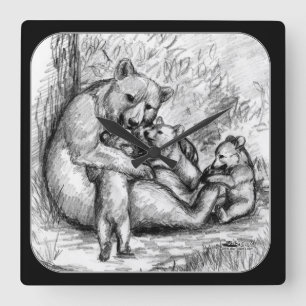 Bärenfamilie Quadratische Wanduhr