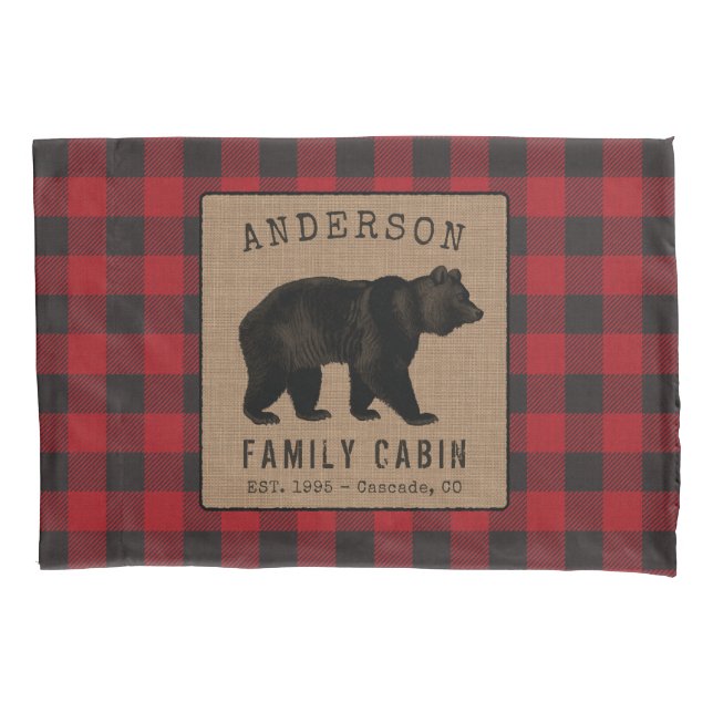Bärenfamilienhaus Red Buffalo Kariert Burlap Kissenbezug (Vorderseite)