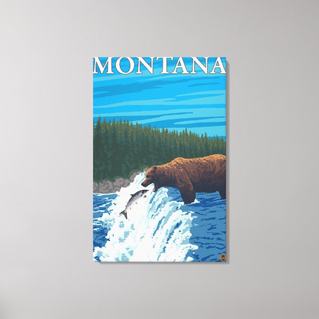 Bärenfischerei im Fluss - Montana Leinwanddruck (Vorderseite)
