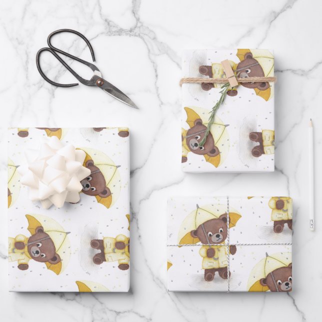 Bärenfuß im Regen Geschenkpapier Set (Vorderseite)