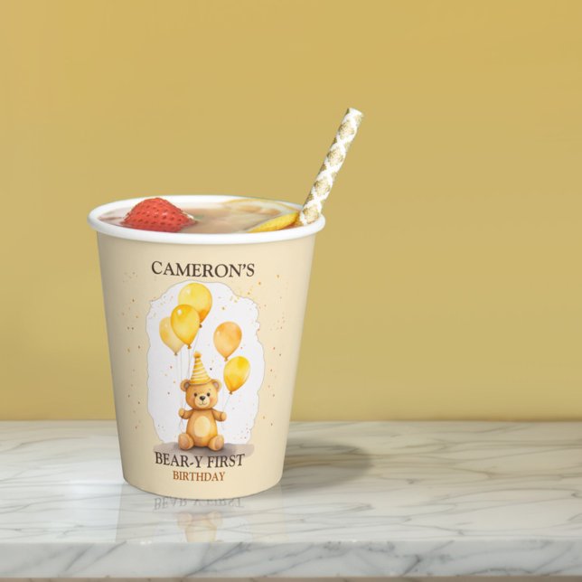 Bärengeschlecht erster Geburtstag neutraler Gelbbb Pappbecher (Von Creator hochgeladen)