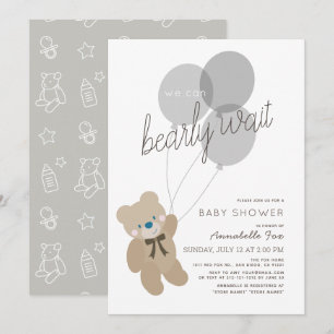 Bärengeschlecht mit neutraler grauer Babydusche Einladung