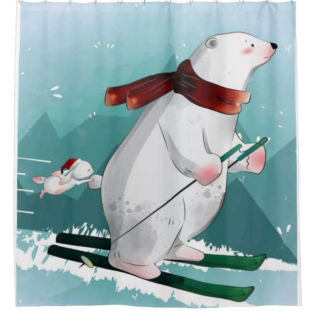 Bärenliebhaber| Eisbär Skifahren Funny Bear Niedli Duschvorhang (Vorderseite)