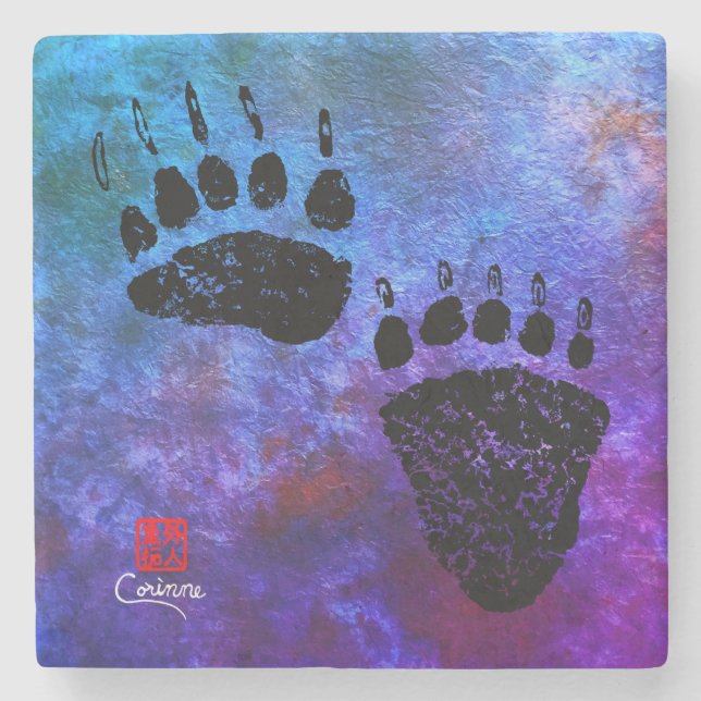 Bärenpaws auf Blue - Marmor-Untersetzer Steinuntersetzer (Vorderseite)