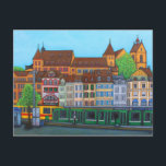 Barfüsserplatz Rendez-vous PostCard von Lisa Loren Postkarte<br><div class="desc">Farbenfrohe stilisierte Malszene des beliebten Barfüsserplatzes im Stadtzentrum von Basel,  Schweiz,  von der beliebten Künstlerin Lisa Lorenz</div>