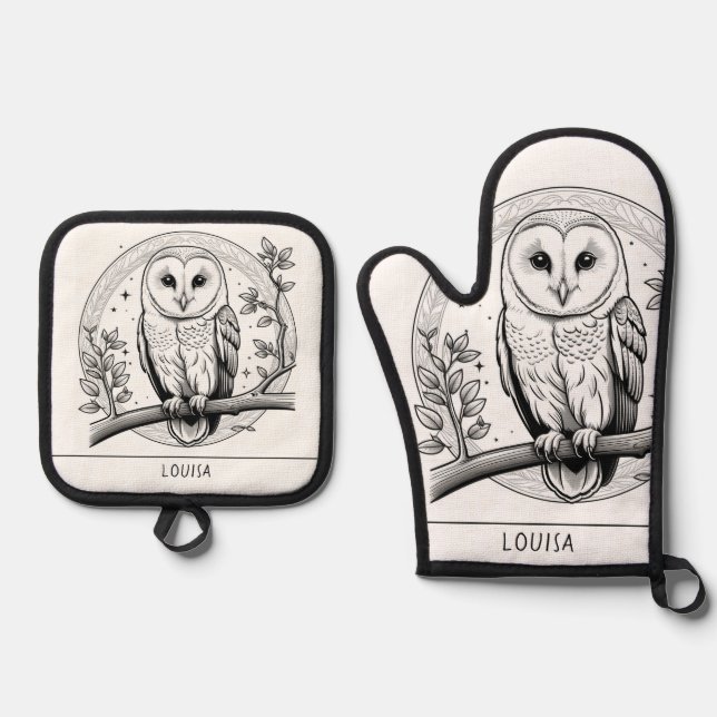 Barhocken Bird Picture Line Art Black & White Ofenhandschuh & Topflappen-Set (Vorderseite)