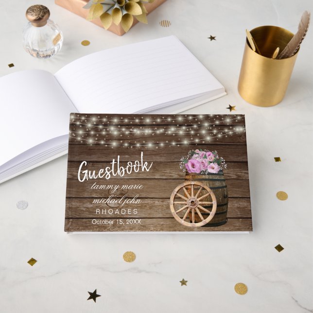 Baril de bois rustique avec fleurs roses livre d'o (Recto ouvert)