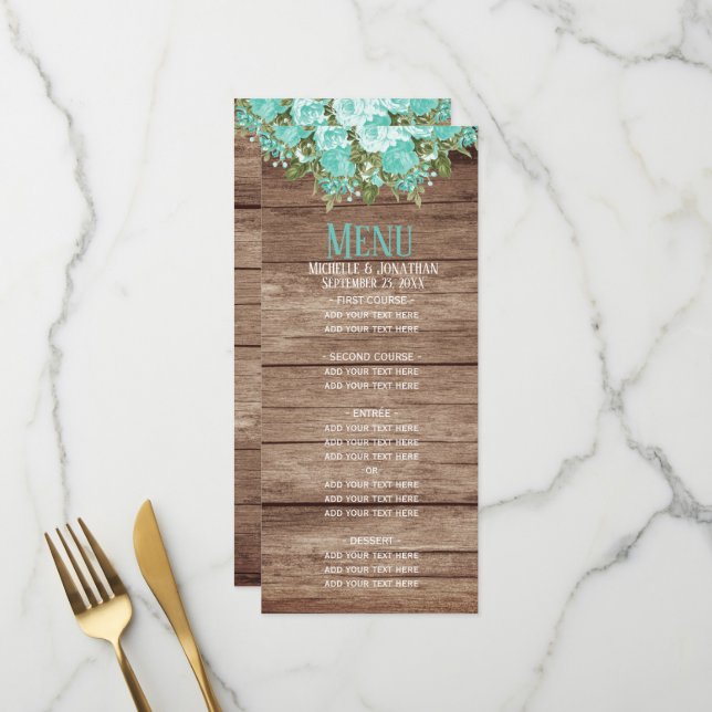 Baril en bois rustique - Turquoise menu Floral (Devant/Arrière en situation)