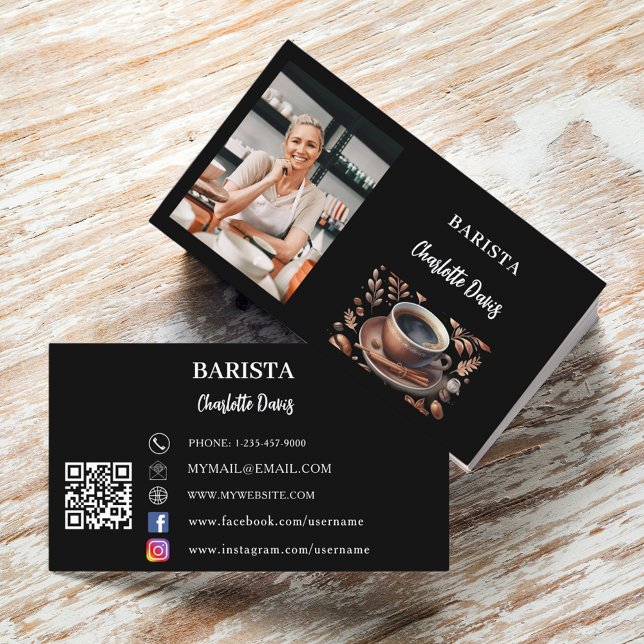 Barista Black Foto QR Cocktasse Visitenkarte (Von Creator hochgeladen)
