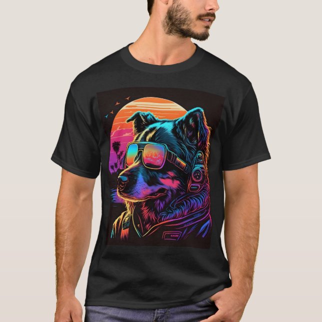 Bark to Future: 80er Synthwave Dog Graphic T-Shirt (Vorderseite)