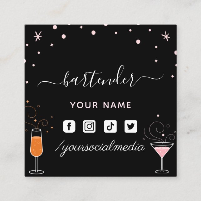 Barkeeper Glamour Cocktail Signature Calligraphy Quadratische Visitenkarte (Vorderseite)