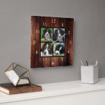 Barmholzmuster Familienspezifische Foto-Collage Quadratische Wanduhr<br><div class="desc">Benutzerdefinierte Foto-Collage auf der Hintergrunduhr für Holzmuster aus Stall. Fügen Sie Ihre eigenen persönlichen Fotos hinzu,  um die Uhr zu personalisieren.</div>
