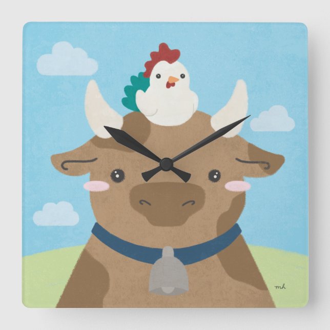 Barn Buddies - Cow & Chick Quadratische Wanduhr (Vorderseite)