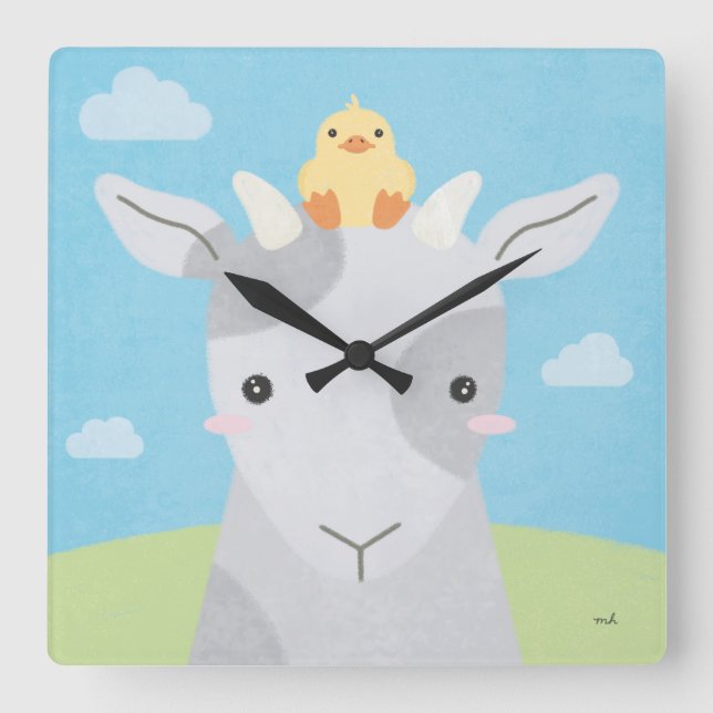 Barn Buddies - Ziege und Kick Quadratische Wanduhr (Vorderseite)