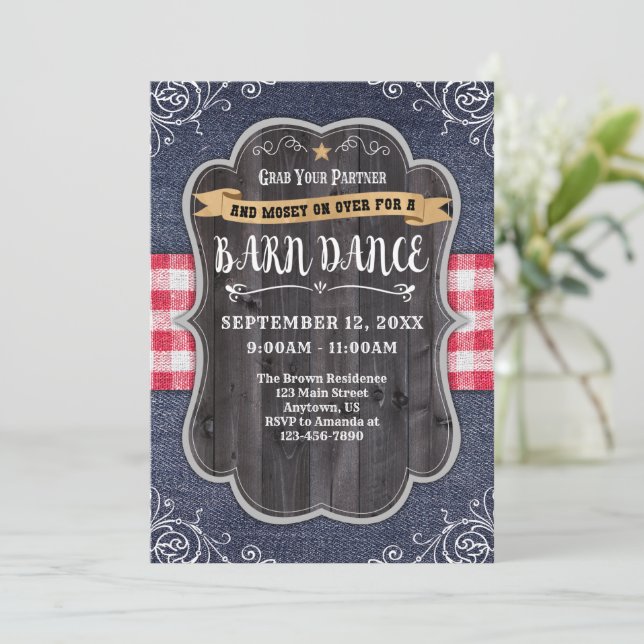 Barn Dance Denim Wood Rustic Invitation (Debout devant)