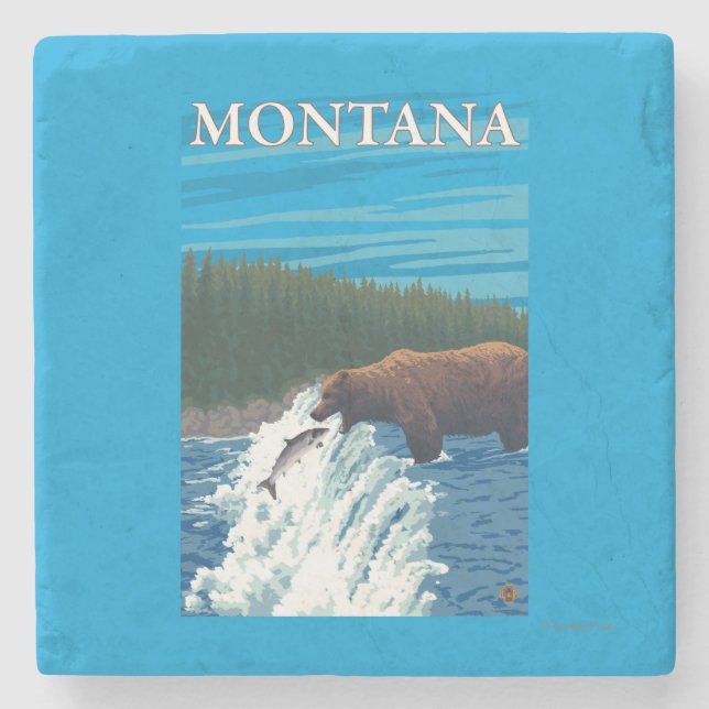 Bärn-Fischen im Fluss- Montana Steinuntersetzer (Vorderseite)