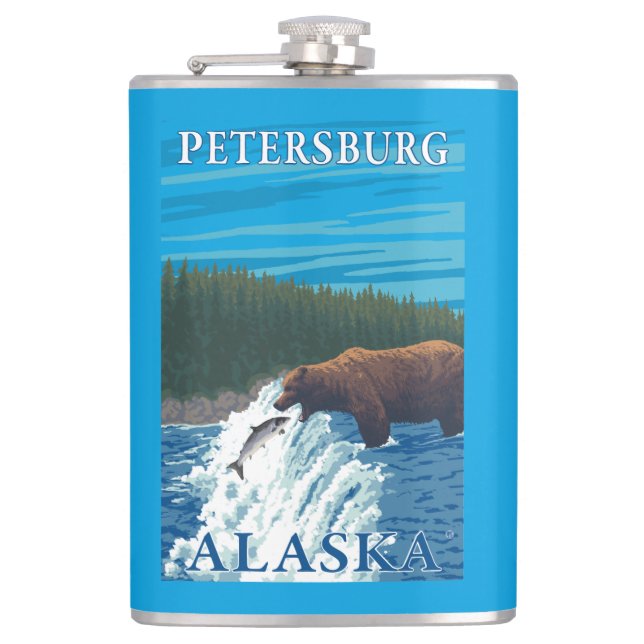 Bärn-Fischen im Fluss- Petersburg, Alaska Flachmann (Vorderseite)