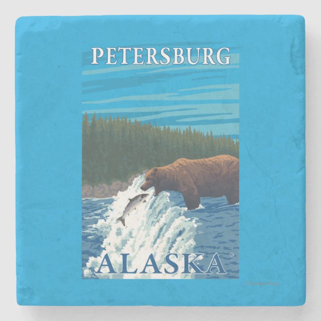 Bärn-Fischen im Fluss- Petersburg, Alaska Steinuntersetzer (Vorderseite)